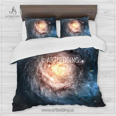 Blue spyral galaxy bedding set, deep space spyral galaxy formation with stars duvet bedding set, Space moon bedroom decor Bedding set
