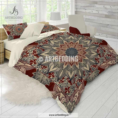 Bohemian bedding, Burgundy and dark teal Mandala duvet cover set, red mandala comforter set, Boho bedding, mandala bedspread Bedding set