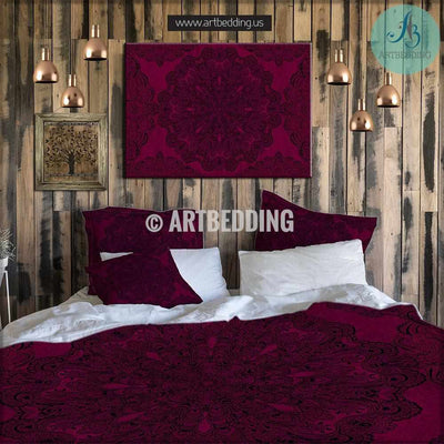 Bohemian bedding, Burgundy red & black gothic Mandala duvet cover set, Lace mandala duvet bedding set, artbedding art Bedding set