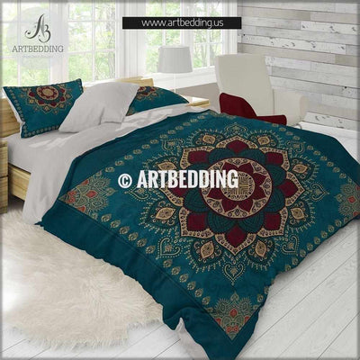 Bohemian bedding, Dark teal & gold Mandala duvet cover set, Boho duvet bedding set, Hippie bedroom, artbedding art Bedding set