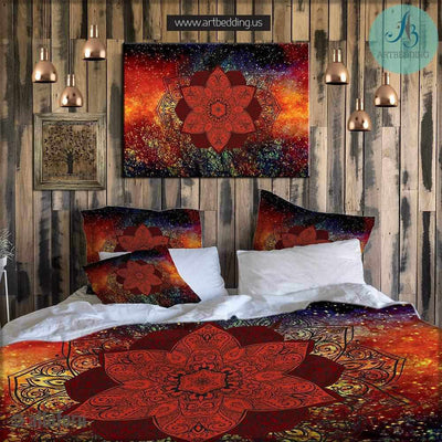 Bohemian bedding, Mandala duvet cover set, Galaxy mandala bedding, Bohochic bedroom interior, artbedding art Bedding set
