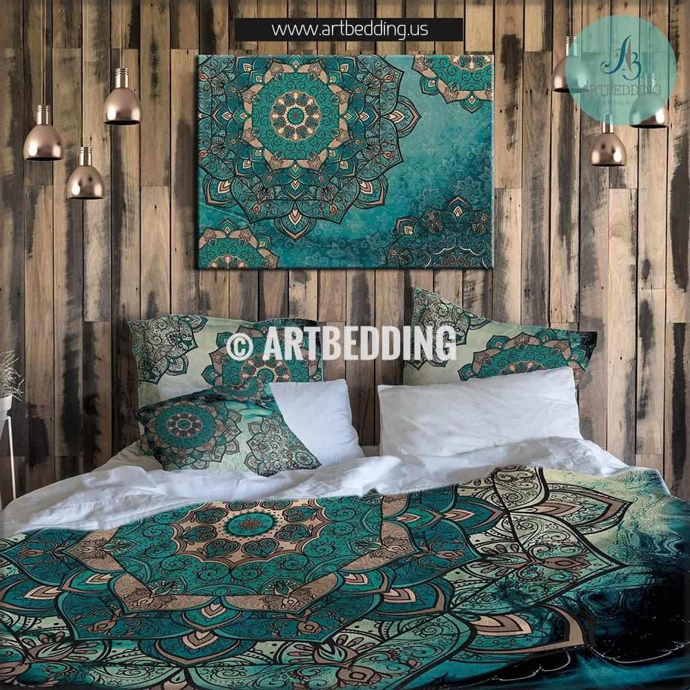 Bohemian bedding, Mandala duvet bedding set, Teal & tan boho quilt cov ARTBEDDING