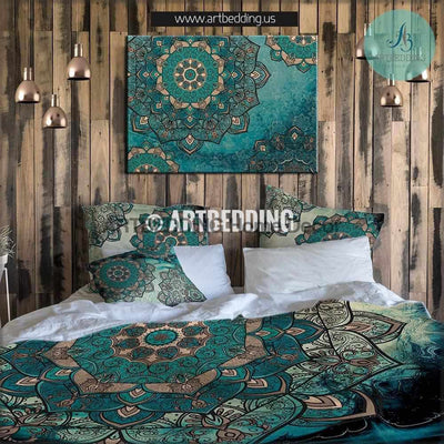 Bohemian bedding, Stunning Deco Mandala duvet bedding set, Vintage teal & gold boho duvet cover set, Teal mandala bedding, boho bedspread, artbedding art Bedding set