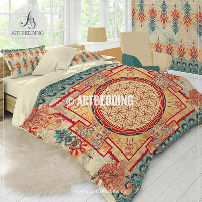 Bohemian elephant bedding, Sacred yantra amulet Flower of Life duvet cover set, Elephant spirit seed of life comforter set, spiritual bedspread Bedding set