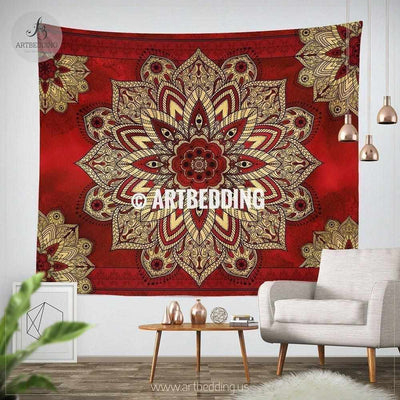 Bohemian TAPESTRY, Cherry Red & Metallic gold vintage mandala Wall hanging, Boho Mandala Wall Decor, Mandala Indie Tapestry, artbedding wall art Tapestry
