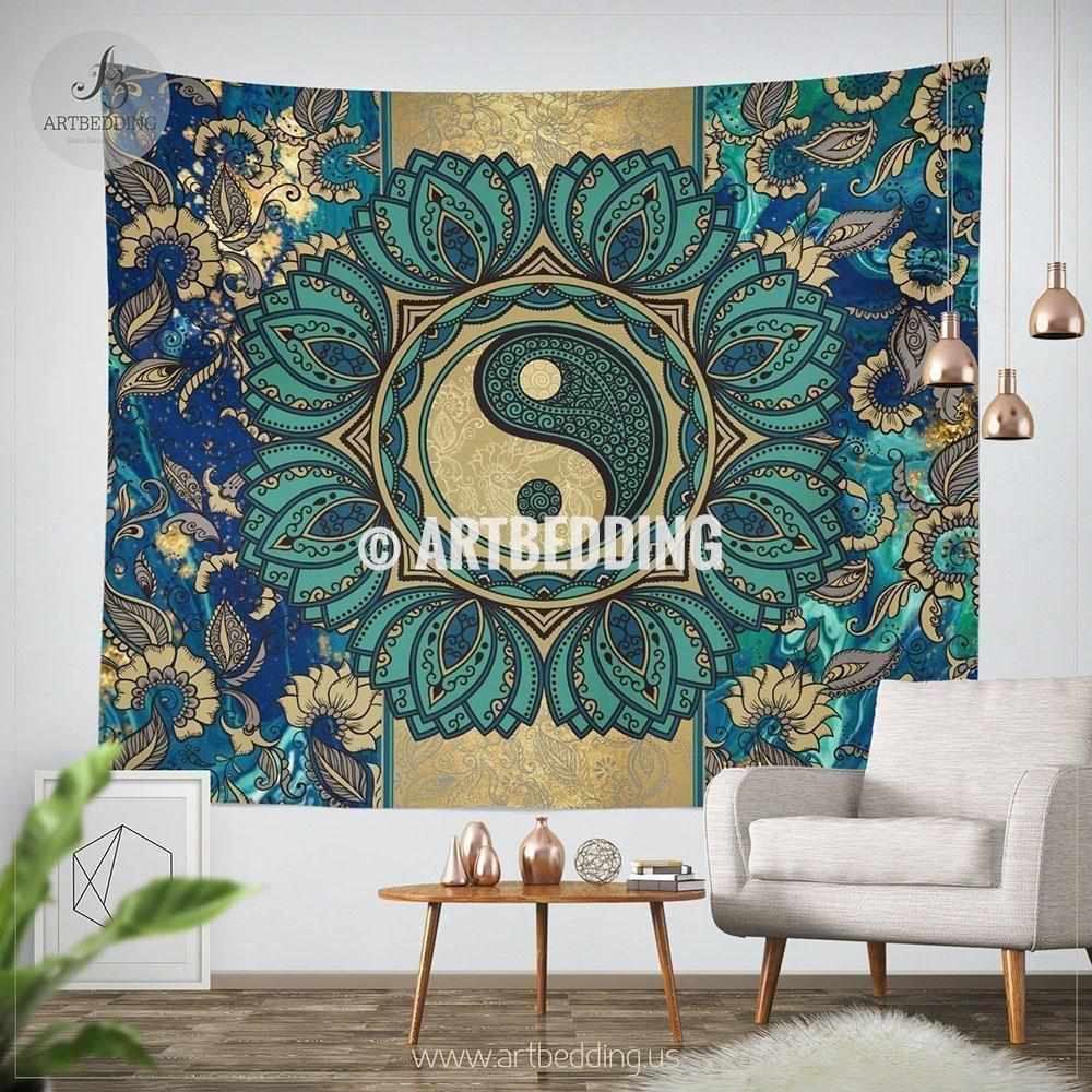 Bohemian TAPESTRY, Yin Yang mandala Wall hanging, Turquoise