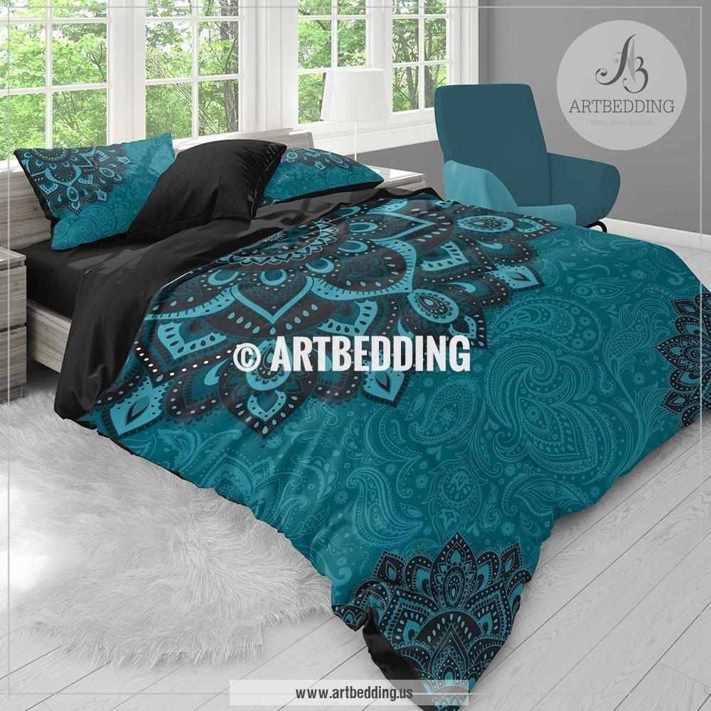 Bohemian teal bedding, Dark teal and turquoise Mandala duvet cover set,  teal boho comforter set, Boho bedding, mandala bedspread, image size:1000x1000