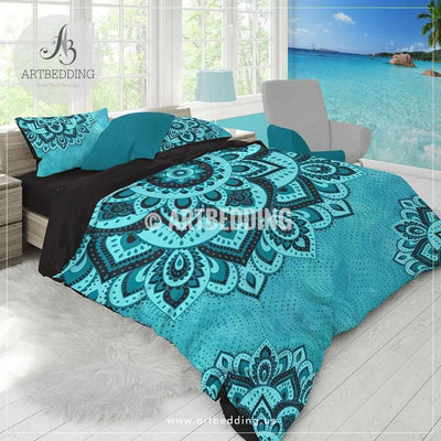 Bohemian teal bedding, Dark teal and turquoise Mandala duvet cover set, teal boho comforter set, Boho bedding, mandala bedspread Bedding set