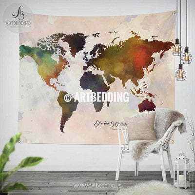 Bohemian watercolor world map Tapestry, Abstract quote world map wall hanging, boho Wanderlust wall tapestries, boho wall decor Tapestry