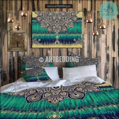 Boho bedding, Mandala duvet cover set, Bohochic bedroom, bohemian turquoise vintage bedroom decor Bedding set