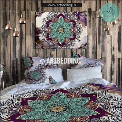 Boho bedding, Mandala duvet cover set, Sacred balance lotus mandala bedding, Salmon and mint green mandala bedding, Boho chic bedroom interior Bedding set