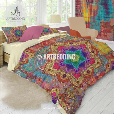 Boho bedding, Rainbow Mandala bedding, Rainbow chakra colors paisley mandala comforter set, bohemian bedroom decor Bedding set