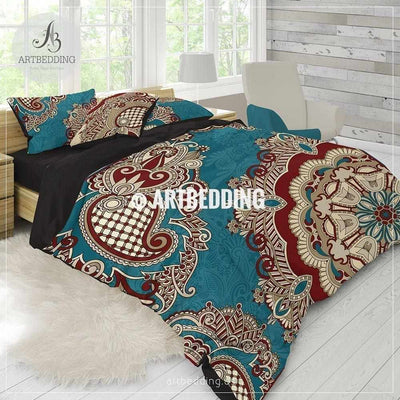 Boho bedding, Teal and red Mandala bedding, Teal red paisley mandala comforter set, bohemian bedroom decor Bedding set