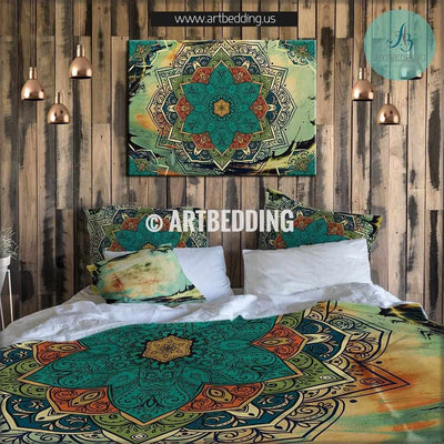 Boho bedding, Vintage mandala duvet cover set, Turquoise and olive green mandala duvet bedding set, Colorful boho bedspread Bedding set