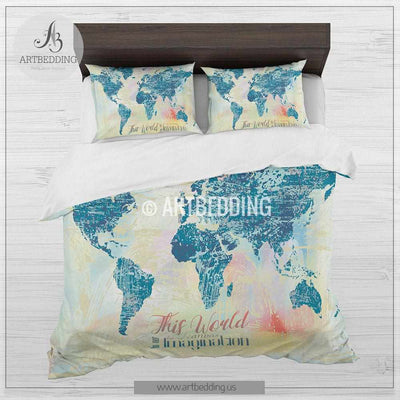 Boho chic world map bedding, Watercolor quote duvet cover set, Modern splashes art bedding set, grunge map duvet, college bedding, dorm decor Bedding set