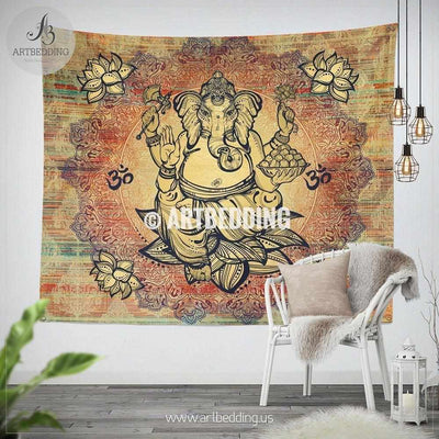 Boho elephant wall Tapestry, Sacred Yantra Om wall tapestry, Elephant talisman spiritual tapestry wall hanging, Spiritual bohemian decor Tapestry