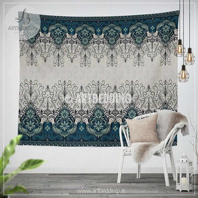 Boho Ethno indie TAPESTRY, Indie paisley navy and cream Wall hanging, Ethno indie Tapestry, Boho wall decor Tapestry