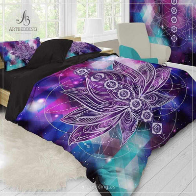 Boho galaxy bedding, Lotus galaxy duvet cover set, Yoga bedding, Chakras bedspread Bedding set
