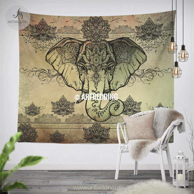 Boho Ganesha Elephant Tapestry, Gold elephant lotus wall tapestry, Hippie tapestry wall hanging, bohemian wall tapestries, Boho wall decor Tapestry