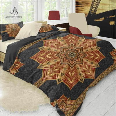 Boho mandala bedding, Black red and gold Mandala bedding, Golden mandala duvet, bohemian bedroom decor Bedding set