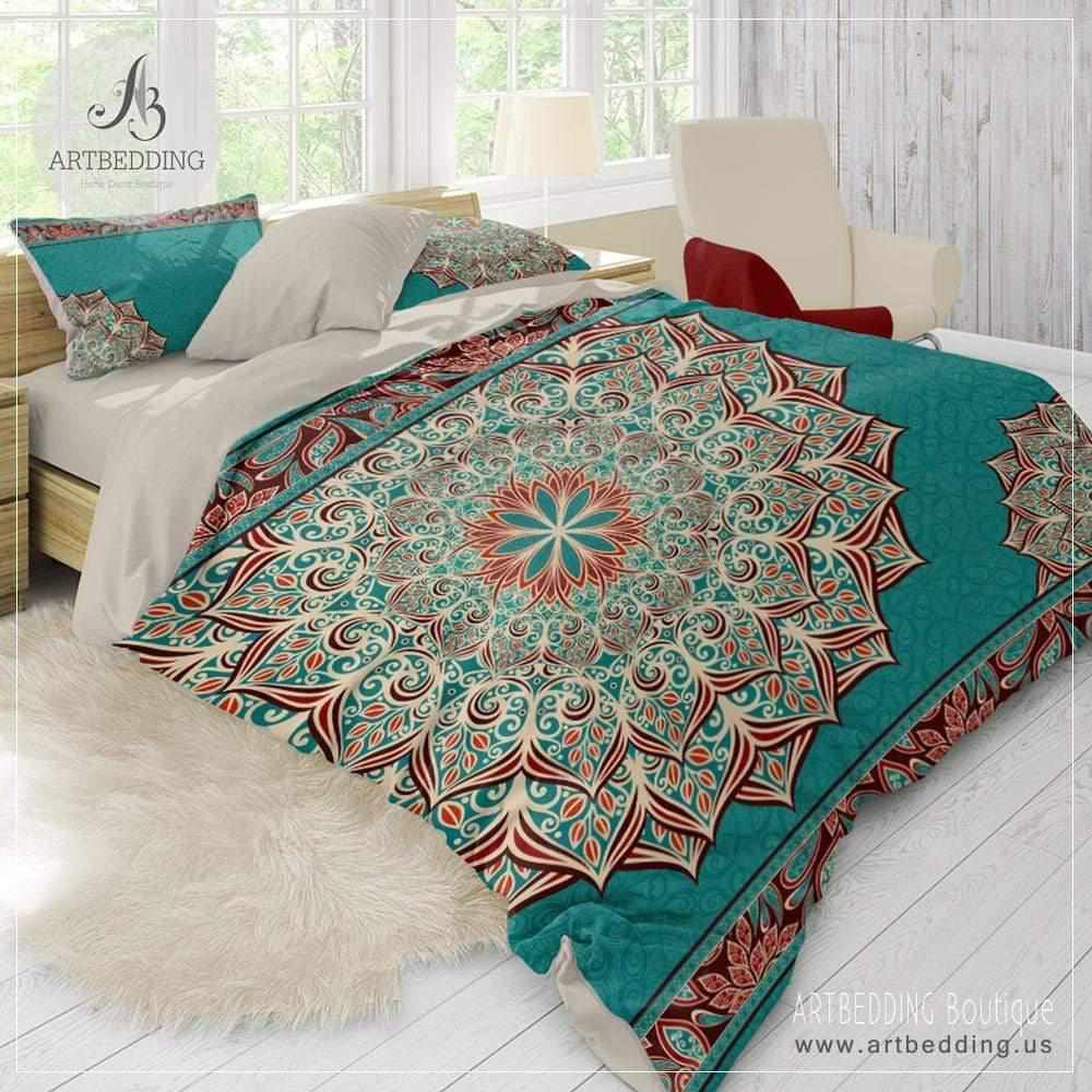 Boho Mandala bedding, Teal green and burgundy red Mandala duvet cover set,  Boho bedding, mandala bedspread, image size:1000x1000