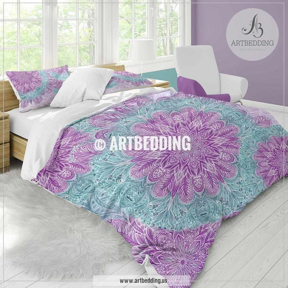 Boho mandala bedding, Purple and light teal Watercolor Mandala duvet cover  set, Handdrawn ethno Indie art duvet cover set, Boho mandala comforter set,  ..., image size:1000x1000