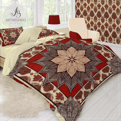Boho Mandala bedding, Scarlet red Mandala duvet cover set, Boho bedding, mandala bedspread Bedding set