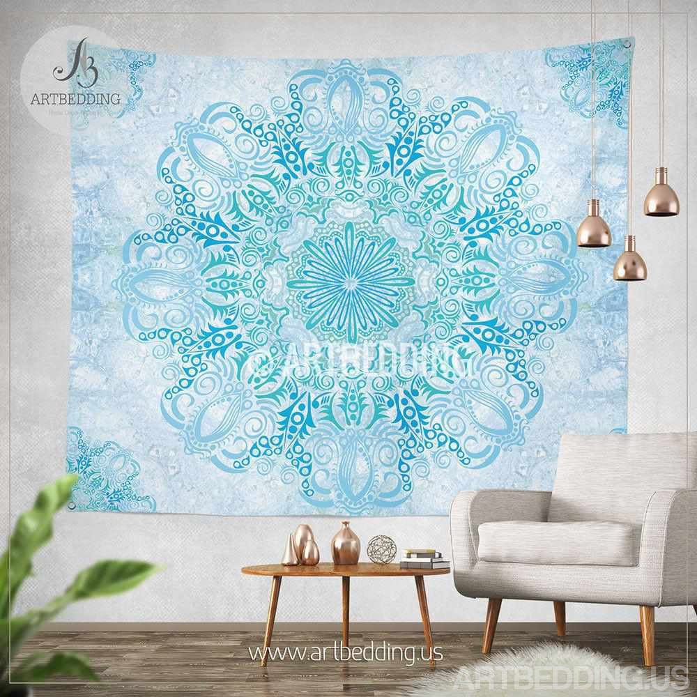Boho Tapestry, Light blue and green Mandala tapestry wall hanging
