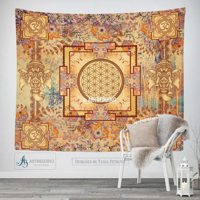 Boho Tapestry, Sacred Yantra wall tapestry, Hippie tapestry wall hanging, Spiritual bohemian decor