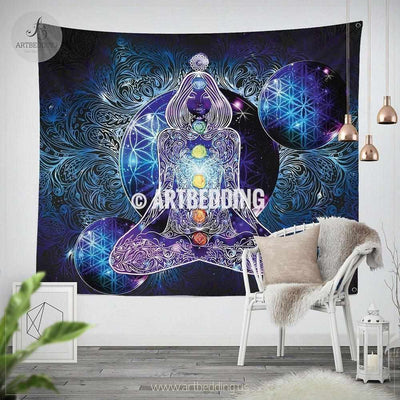 Boho Tapestry, Spiritual chakra wall tapestry, Hippie tapestry wall hanging, Cosmic flower of life wall tapestry, Spiritual bohemian decor Tapestry