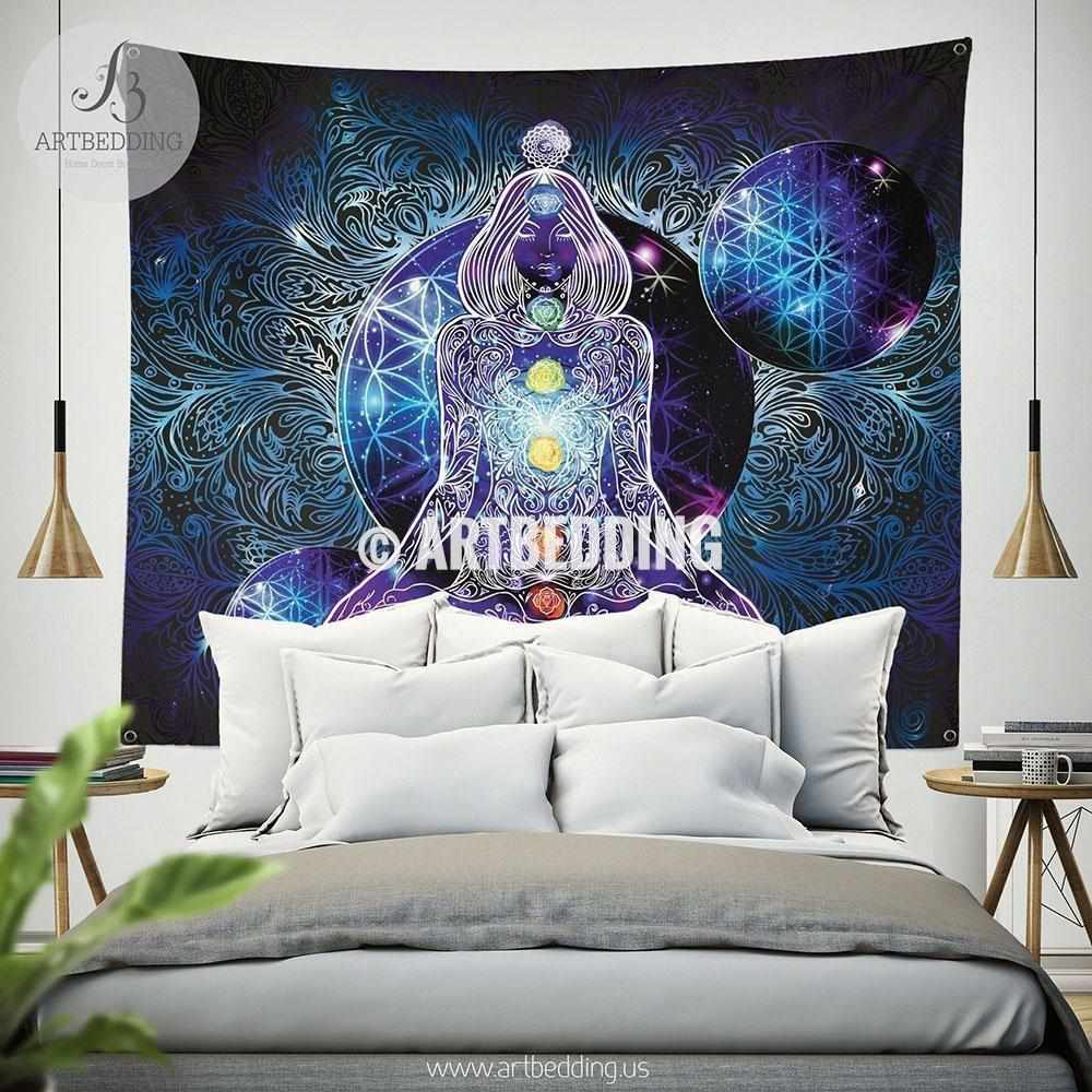 Aum Om Chakra Tapestry - Indian Mandala Wall Hanging, Yoga Mat, Beach Throw - 40x30 Inch Cotton