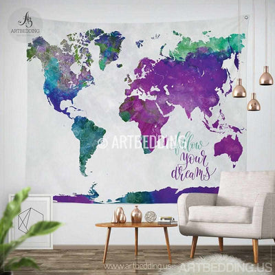 Boho tapestry, Watercolor World map wall Tapestry, modern calligraphy wall tapestry, Hippie tapestry wall hanging, Watercolor bohemian decor Tapestry