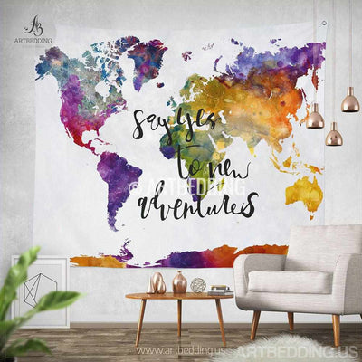 Boho tapestry, World map watercolor wall Tapestry, Modern calligraphy wall tapestry, Hippie tapestry wall hanging, bohemian wall tapestries, boho chic tapestries, bohemian decor Tapestry