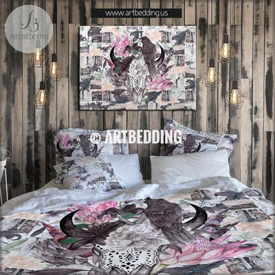 Boho totem bedding, Watercolor bison skull crow duvet bedding set, Gothic totem bedding, Vintgae flowers skull bedroom decor Bedding set