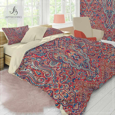Boho vintage bedding, Indie green and blue duvet cover set, Traditional India boho comforter set, boho bedroom decor Bedding set