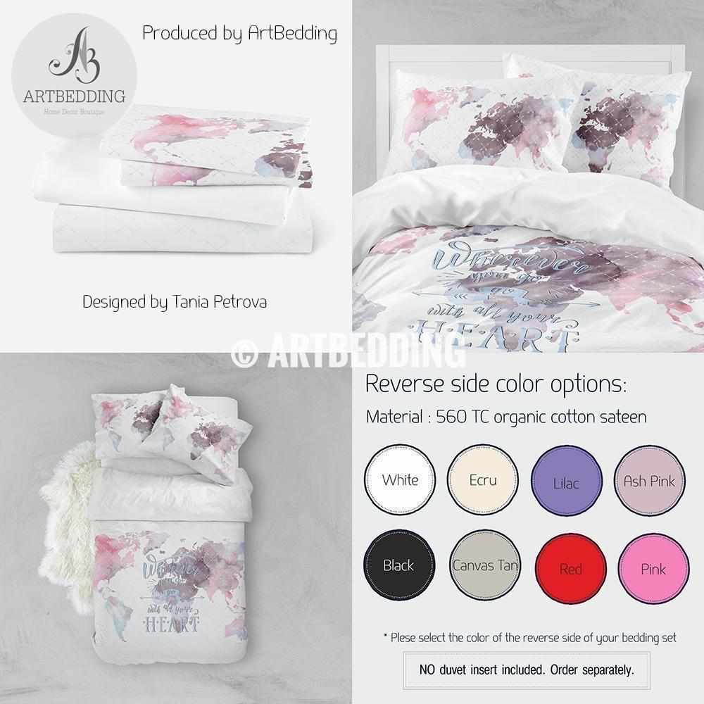 Boho world map bedding, Watercolor map quote duvet cover set, Modern t ...