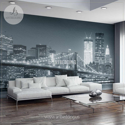 Brooklyn Bridge black and white with downtown skyline over East River Wall Mural, Landmarks Photo Mural, Cityscape photo mural wall mural