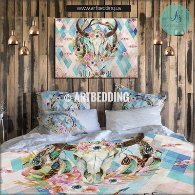 Buffalo skull totem dreamcatcher bedding set, Watercolor animal skull wildflowers wreath duvet bedding set, Buffalo head hand drawn Boho bedding, artbedding designer bedding set Bedding set