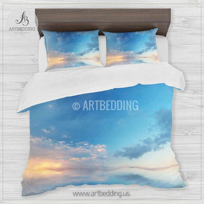 Clouds bedding, Sunrise over ocean with reflections Bedding set, Clouds on a blue sky Duvet cover set, Bedroom clouds spaces, Sunrise bedding Bedding set