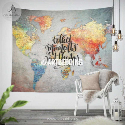 Concrete wall world map Inspiration Tapestry, Abstract world map wall hanging, bohemian travel wall tapestries, boho wall decor Tapestry