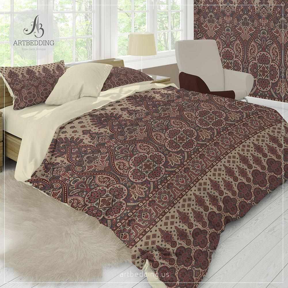 Boho Indian vintage bedding set, Indie merlot red and hazelnut beige