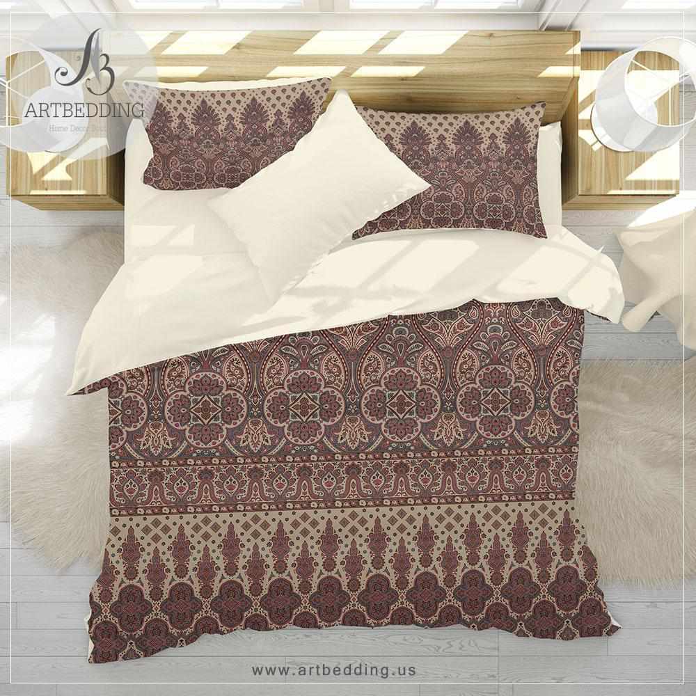Boho Indian vintage bedding set, Indie merlot red and hazelnut beige