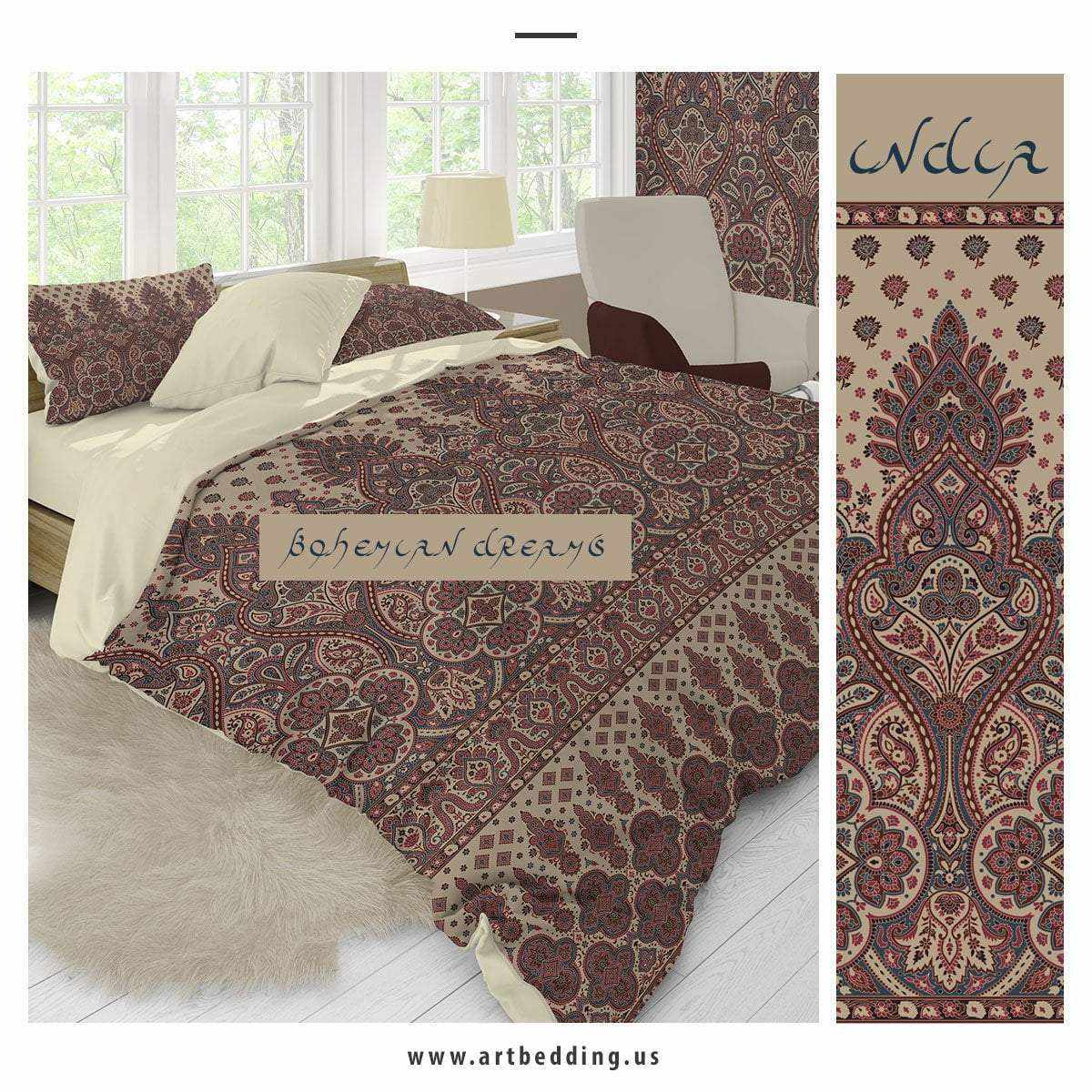 Boho Indian vintage bedding set, Indie merlot red and hazelnut beige