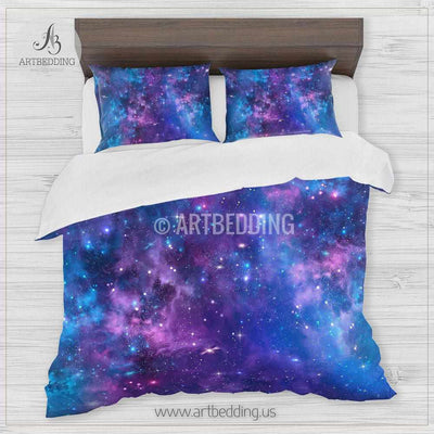 Deep Space bedding set, Blue and purple Nebula with stars duvet cover set, Galaxy bedroom decor Bedding set