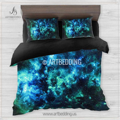 Deep space bedding set, Blue & green Nebula clouds with stars duvet bedding set, Space moon bedroom decor Bedding set