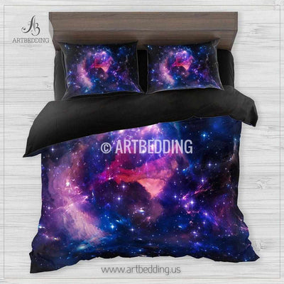 Deep space bedding set, Blue & purple abstract Nebula clouds with stars duvet bedding set, Space moon bedroom decor Bedding set