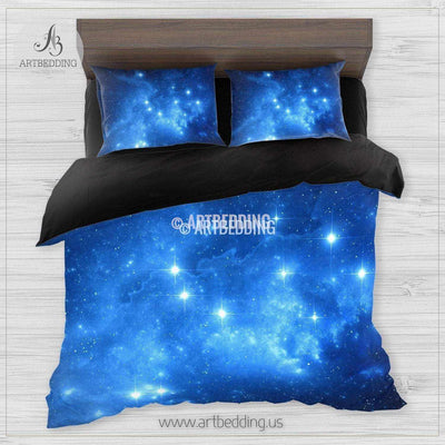 Deep Space bedding set, Blue space clouds with stars duvet cover set, Galaxy bedroom decor Bedding set