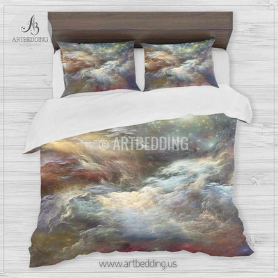 Deep Space bedding set, Fantasy abstract multicolor Nebula clouds with stars duvet cover set, Galaxy bedroom decor Bedding set