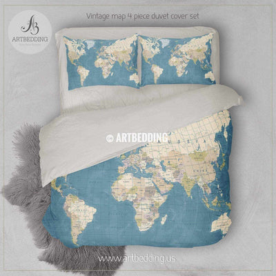 Detailed Travel World Map bedding, Vintage look political map duvet cover set, Modern travel comforter set Bedding set