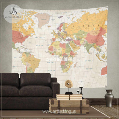 Detailed Vintage World Map wall tapestry, vintage interior map wall hanging, old map wall decor, vintage map wall art print Tapestry